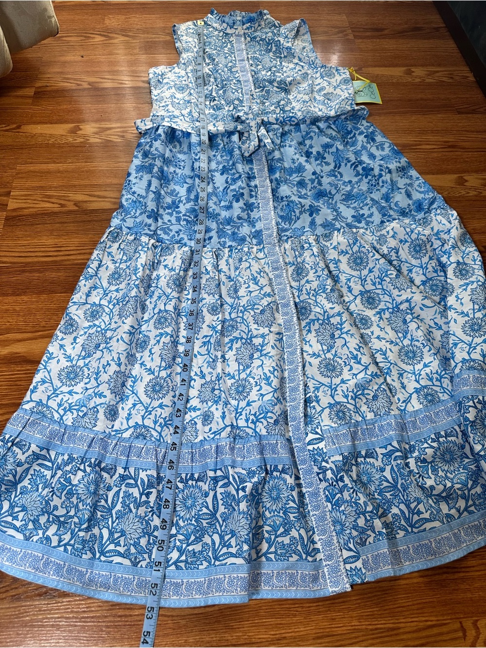 NWT CeCe Blue and White Floral Tiered Maxi Dress with Tie Waist - Picture 3 of 8
